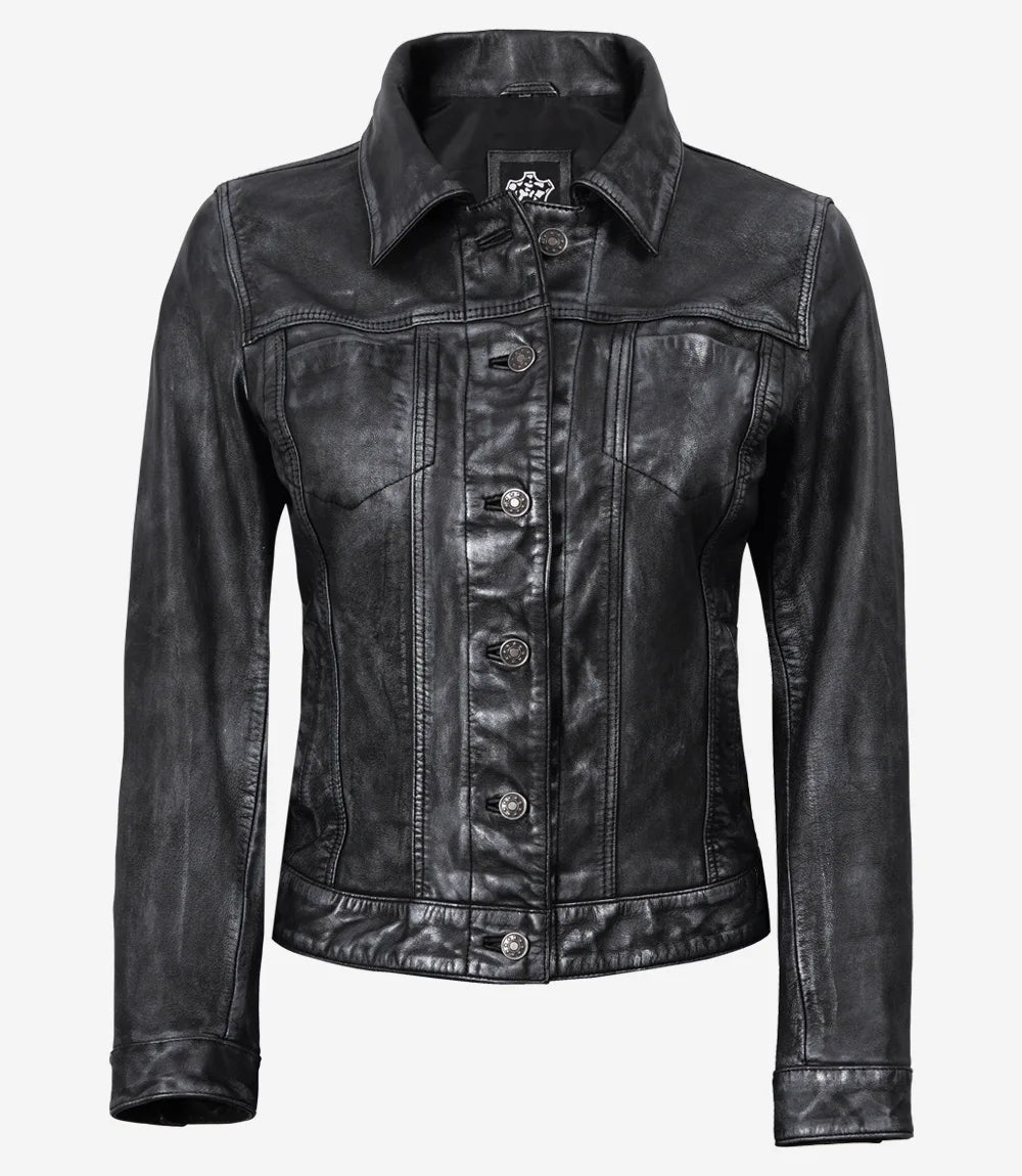 Women's Washed Black Trucker Leather Jacket