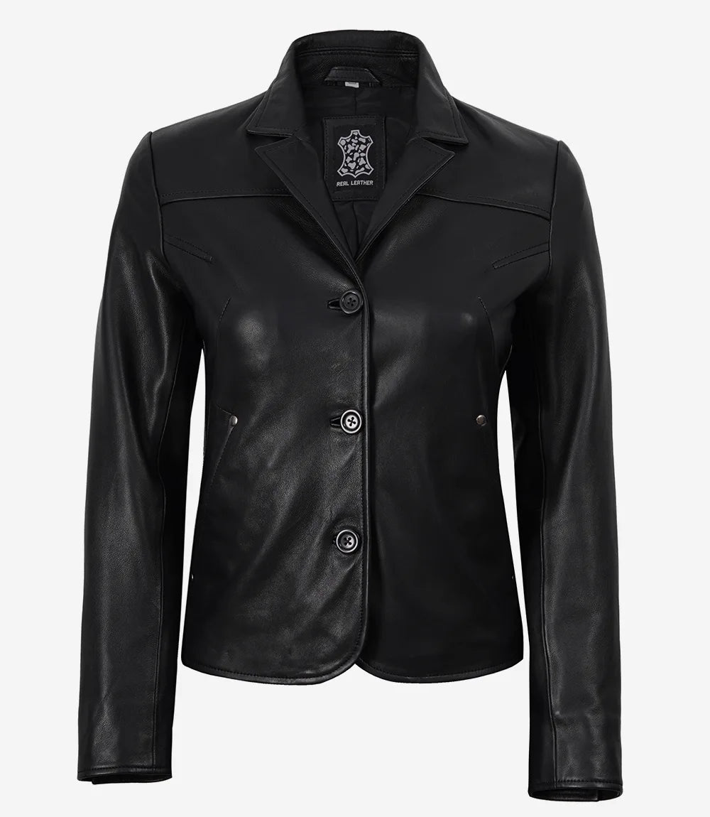 Women's Short Body 3 Button Black Leather Jacket - Black - view 3