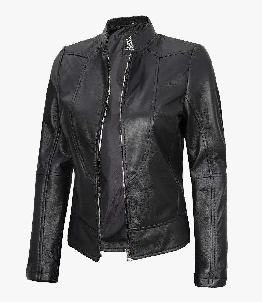 California Womens Black Leather Stand Up Collar Jacket