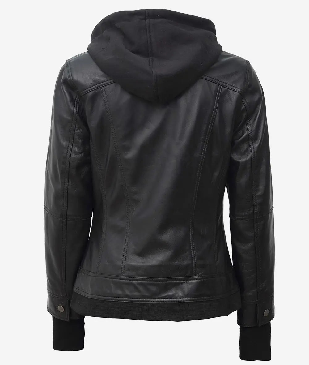The Celeste: Womens Black Bomber Leather Jacket with Removable Hood