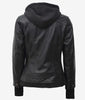 The Celeste: Womens Black Bomber Leather Jacket with Removable Hood