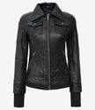 Womens Petite Black Bomber Hooded Leather Jacket