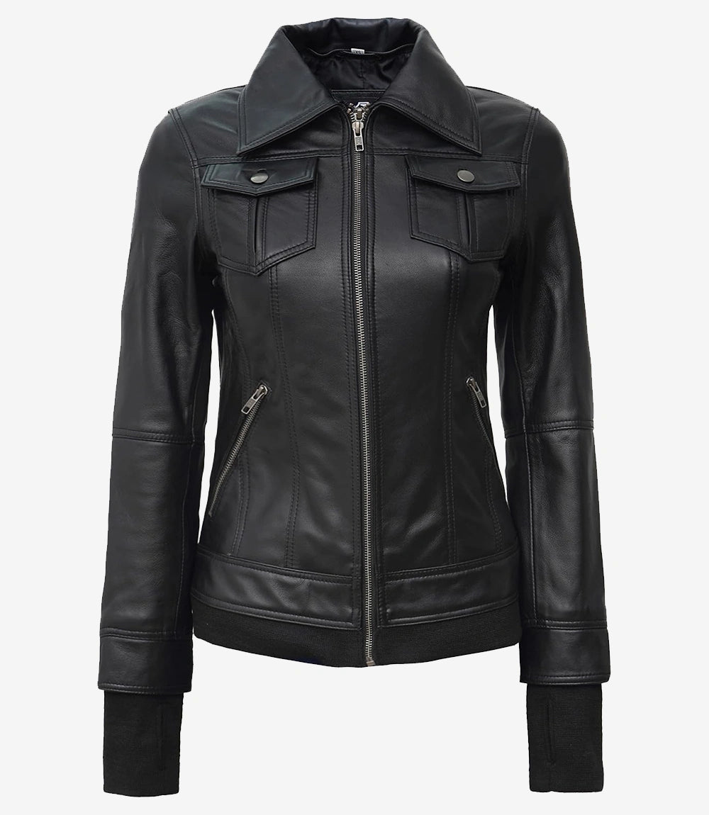 Womens Petite Black Bomber Hooded Leather Jacket
