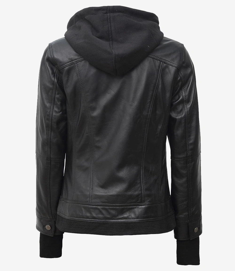 Womens Tall Black Bomber Hooded Leather Jacket