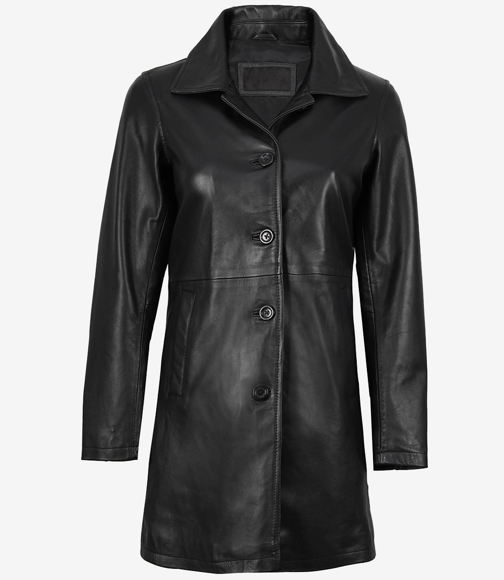 Womens 3 Quarter Length Black Leather Coat