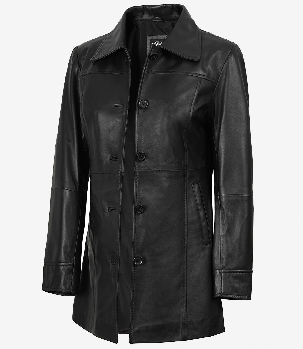 Womens Black Long Leather Coat