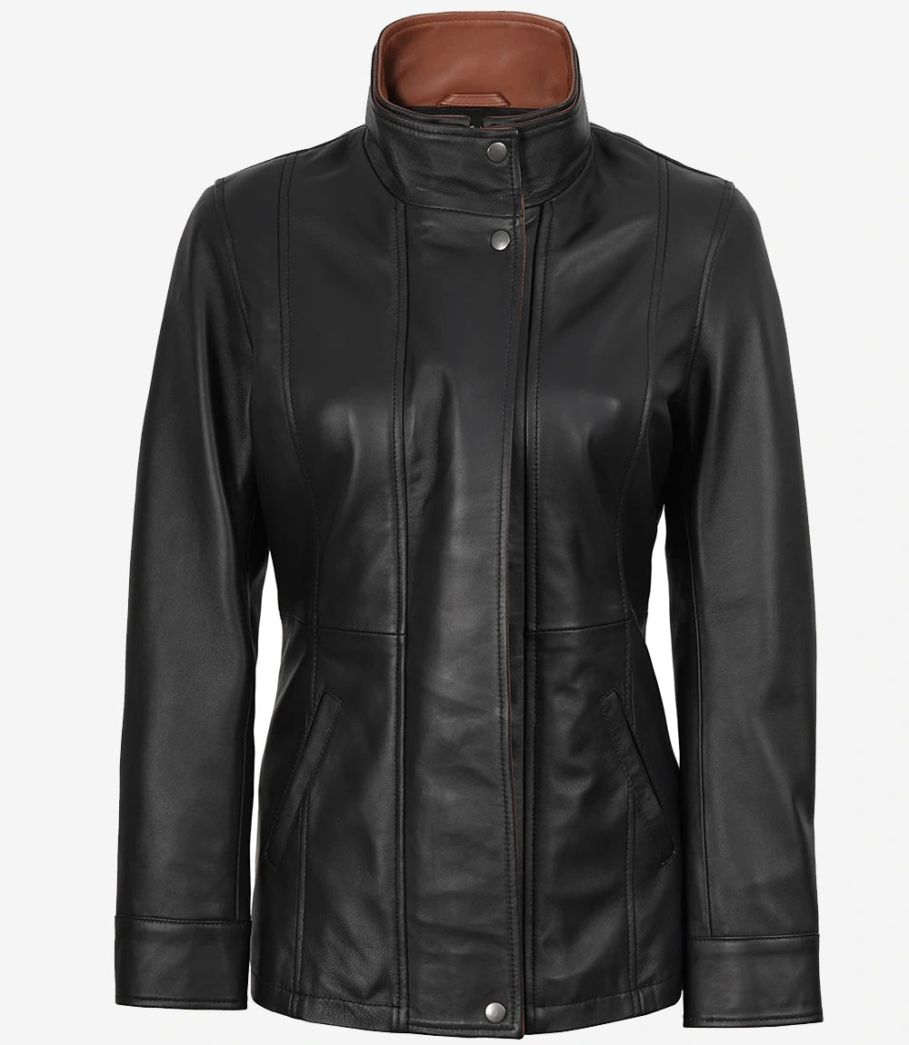 Womens High-Collar Black Leather Jacket With Brown Details