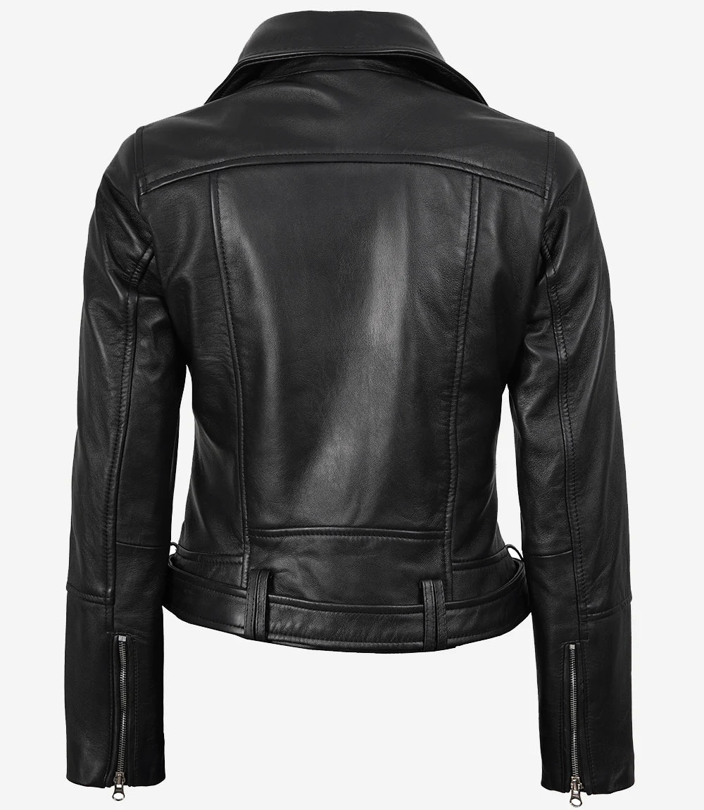 Womens Asymmetrical Black Leather Belted Biker Style  Jacket