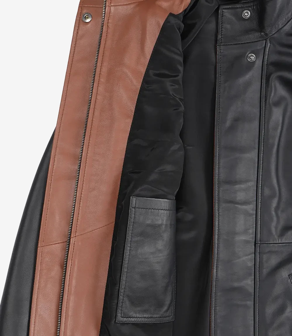 Womens High-Collar Black Leather Jacket With Brown Details