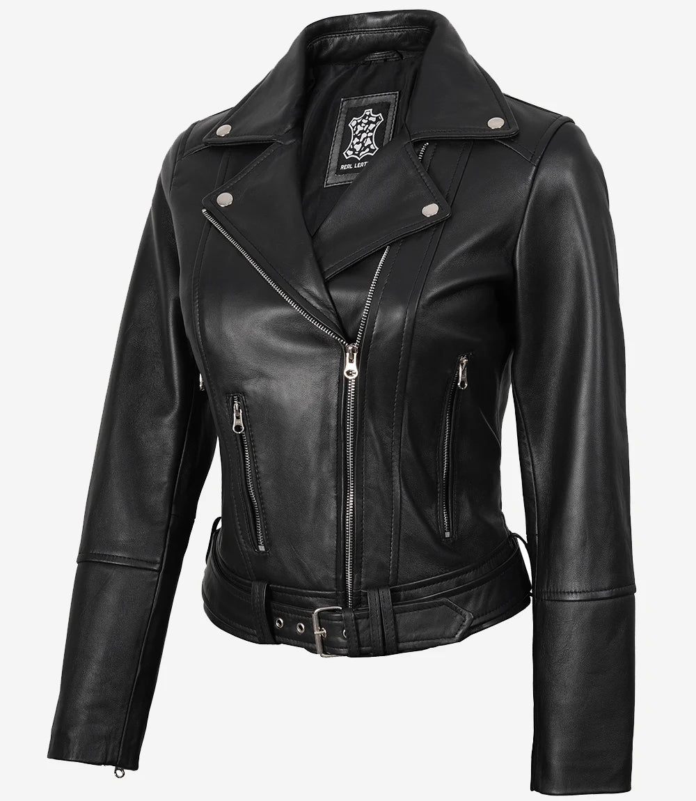 Womens Asymmetrical Black Leather Belted Biker Style  Jacket