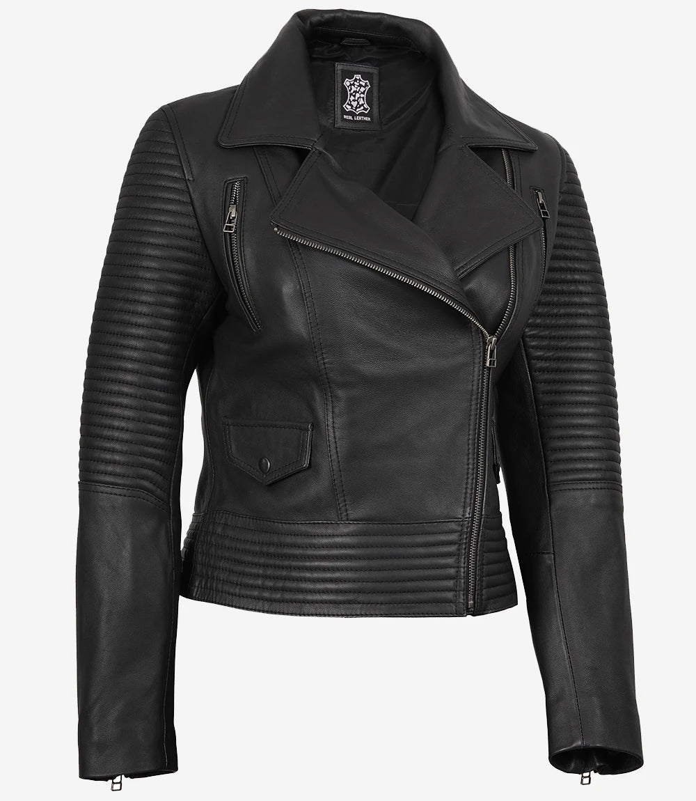 Womens Real Lambskin Leather Black Moto Leather Jacket