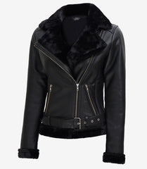 Womens Black Asymmetrical Shearling Leather Jacket