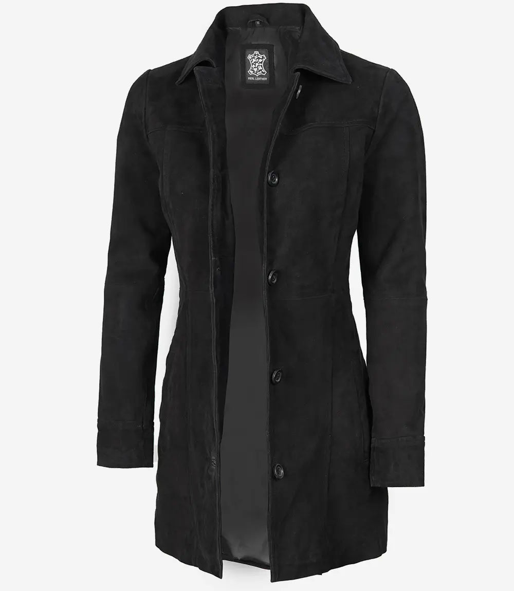 Womens Black Suede Button Down Coat