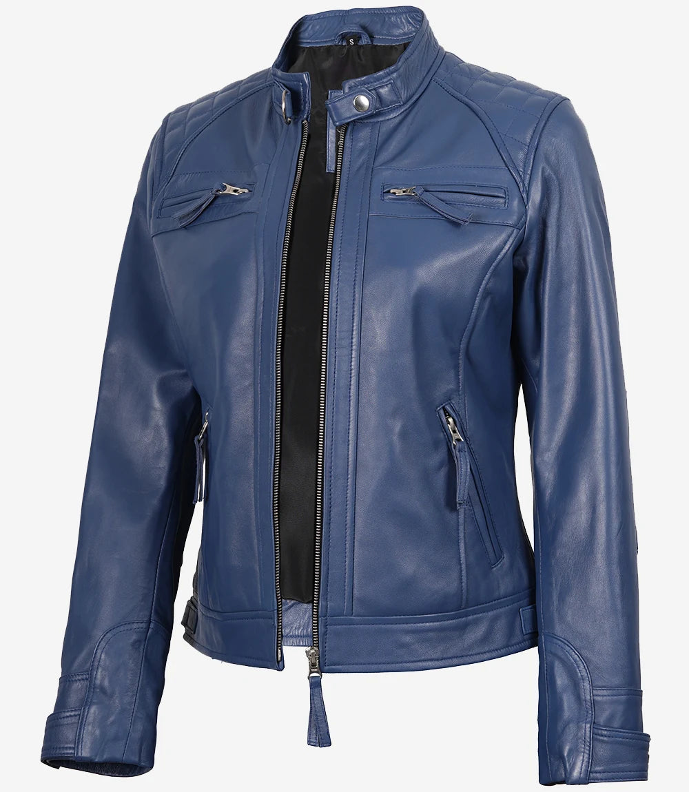 Womens Real Lambskin Leather Blue Quilted Biker Jacket