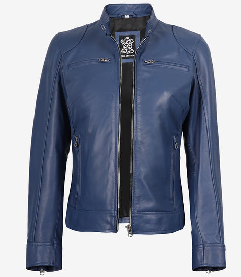Womens Biker Racer Blue Leather Jacket