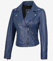 Womens Real Lambskin Leather Blue Biker Style Jacket