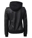 Womens Petite Black Hooded Bomber Leather Jacket