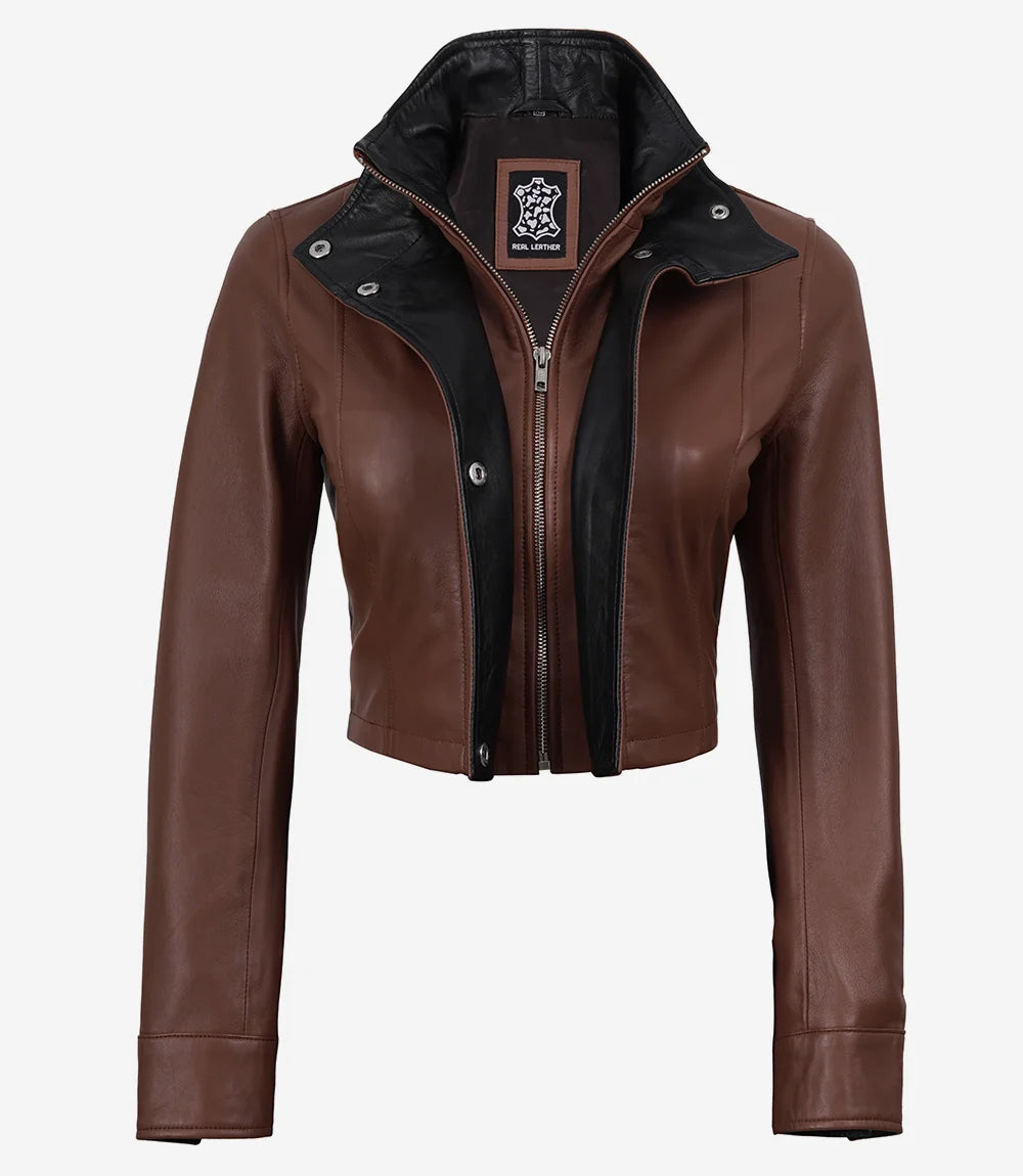 Women's Cropped Cognac Leather Jacket with Black Details - Cognac with Black Interior Detailing - view 3