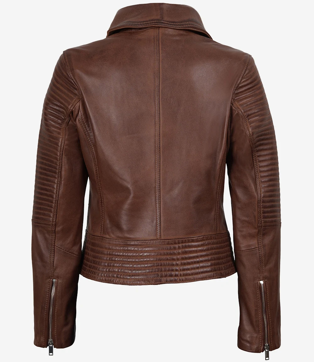 Womens Cognac Asymmertical Moto Leather Jacket