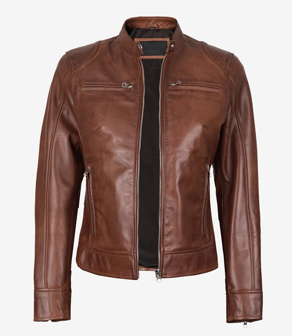 Womens Cognac Real Leather Moto Jacket