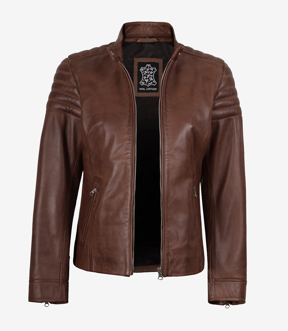 Cognac Cafe Racer Leather Jacket Women
