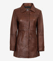 Womens Tall Shirt Collar Cognac Leather Coat - 3/4 Length Coat