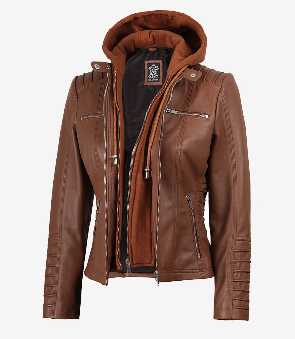Womens Brown Hooded Leather Jacket