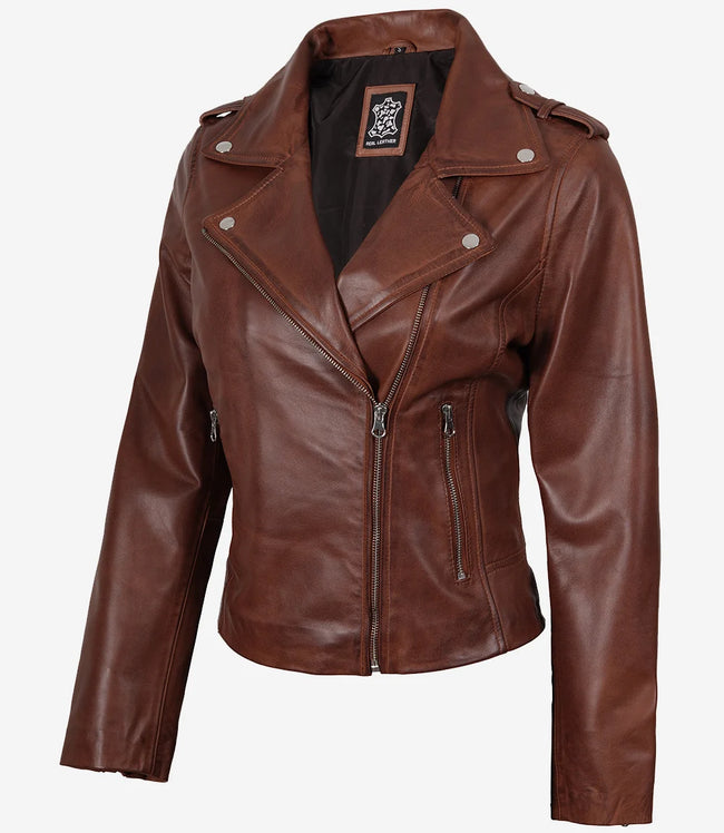 Women's Distressed Asymmetrical Cognac Biker Style Leather Jacket