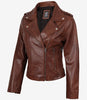 Women's Distressed Asymmetrical Cognac Biker Style Leather Jacket