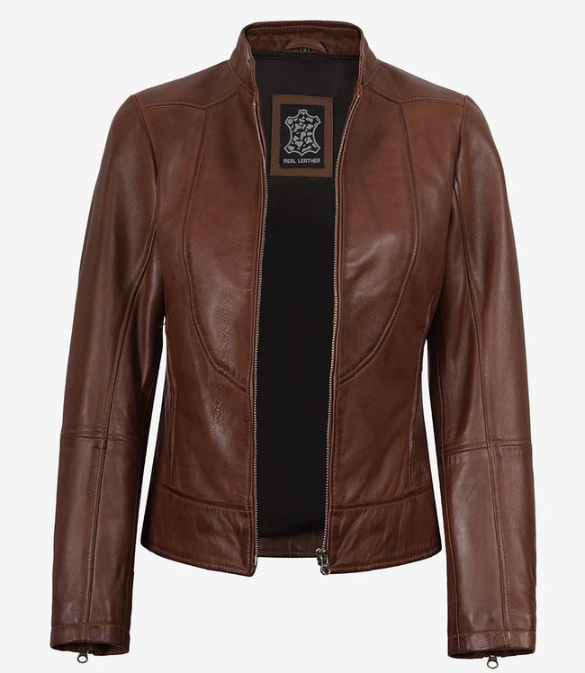 Women's Cognac Leather Biker Style Jacket