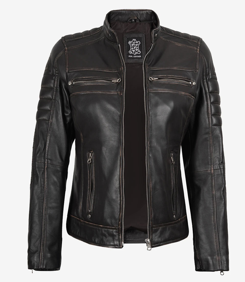 Womens Ruboff Brown Cafe Racer Style Leather Jacket