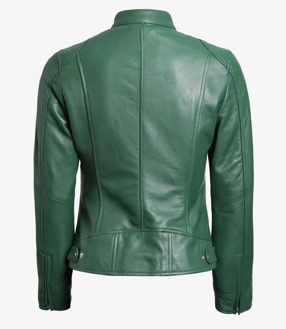 Womens Biker Racer Green Leather Jacket
