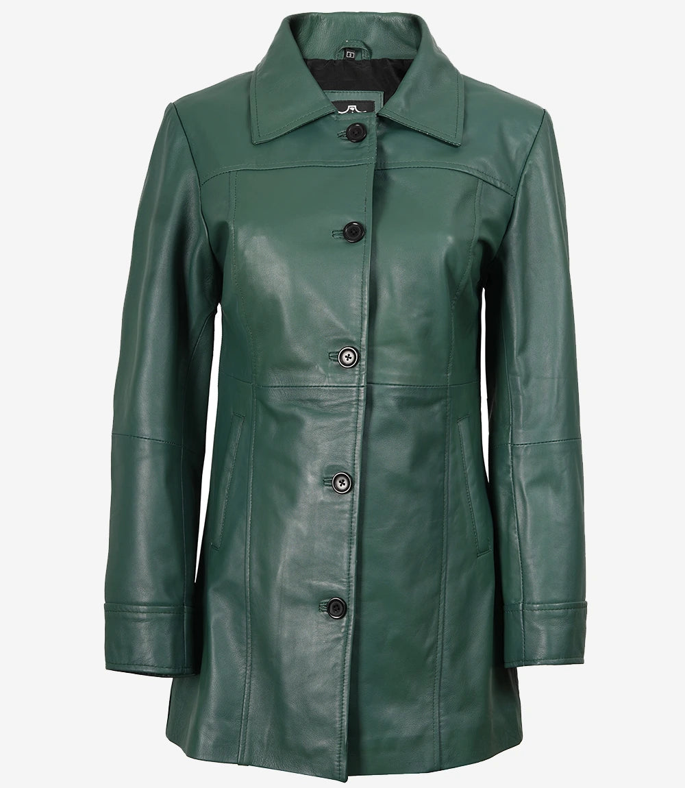 Womens Real Leather Green Car Coat