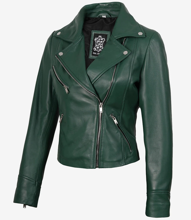 Women's Real Lambskin Leather Green Biker Style Jacket