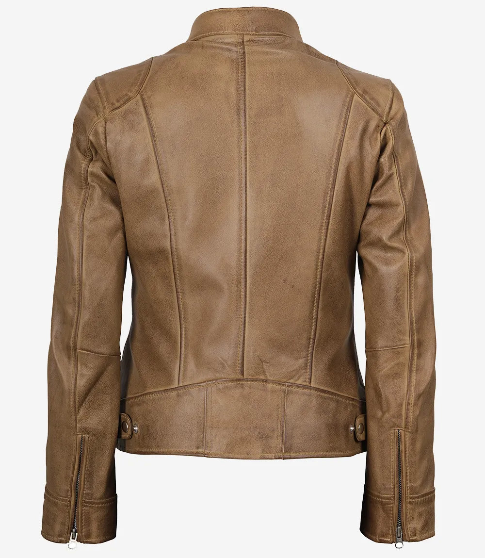 Womens Real Leather Camel Brown Moto Jacket