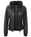 Womens Petite Black Hooded Bomber Leather Jacket