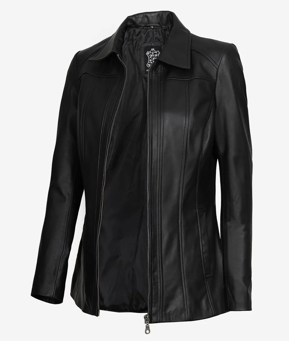 Womens Shirt Collar 3 4 Length Black Leather Coat