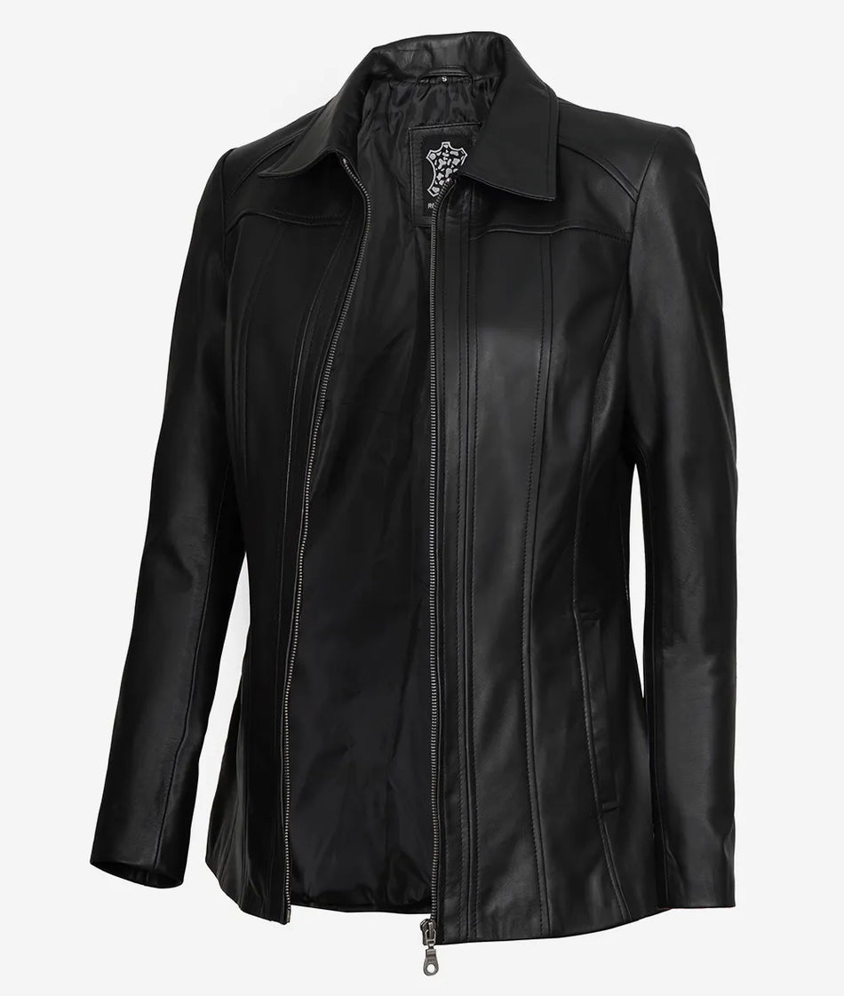 Womens Shirt Collar 3 4 Length Black Leather Coat