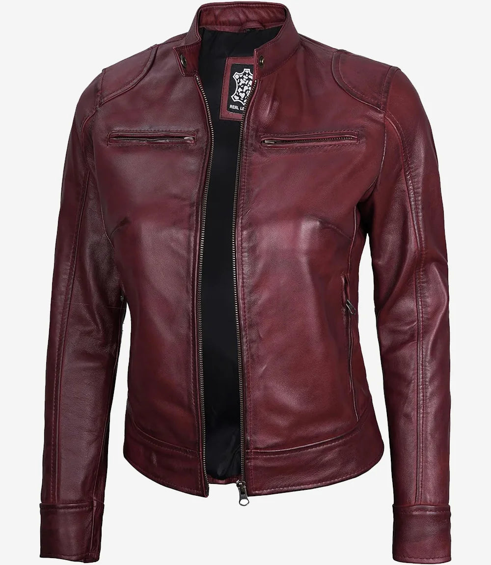 Womens Maroon Real Leather Moto Jacket