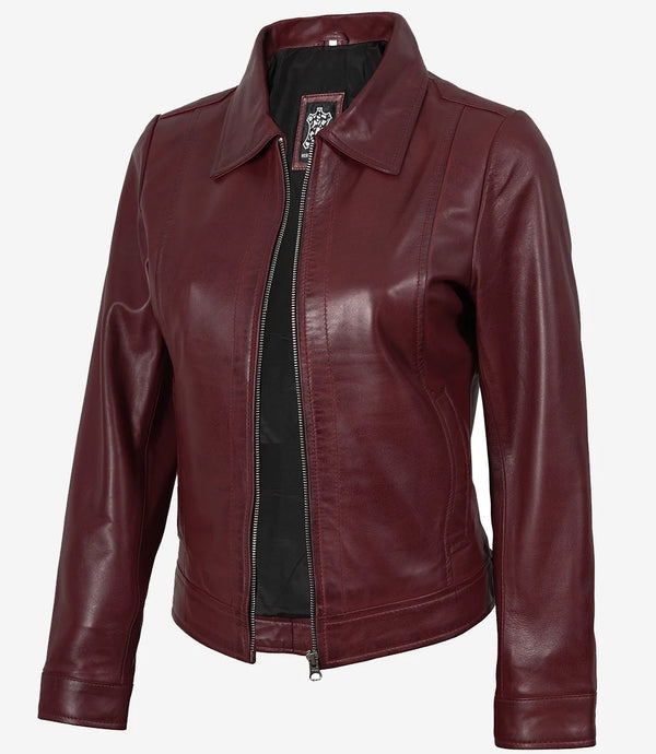 Womens Shirt Collar Maroon Leather Jacket