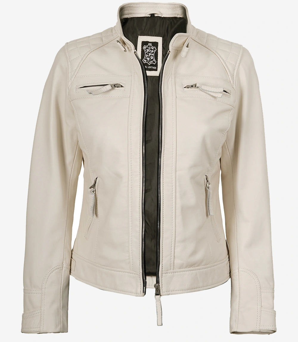Womens Real Lambskin Leather Off White Quilted Biker Style Jacket