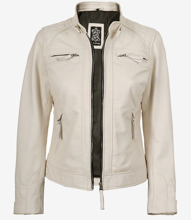 Womens Real Lambskin Leather Off White Quilted Biker Style Jacket
