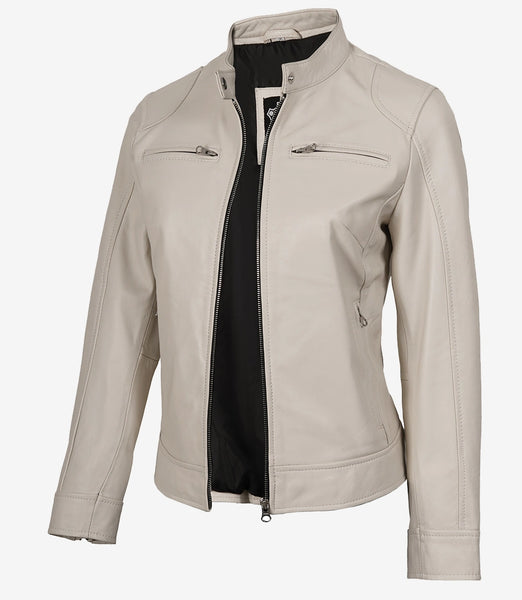 Womens Off White Leather Jacket - Cafe Racer Biker Jacket