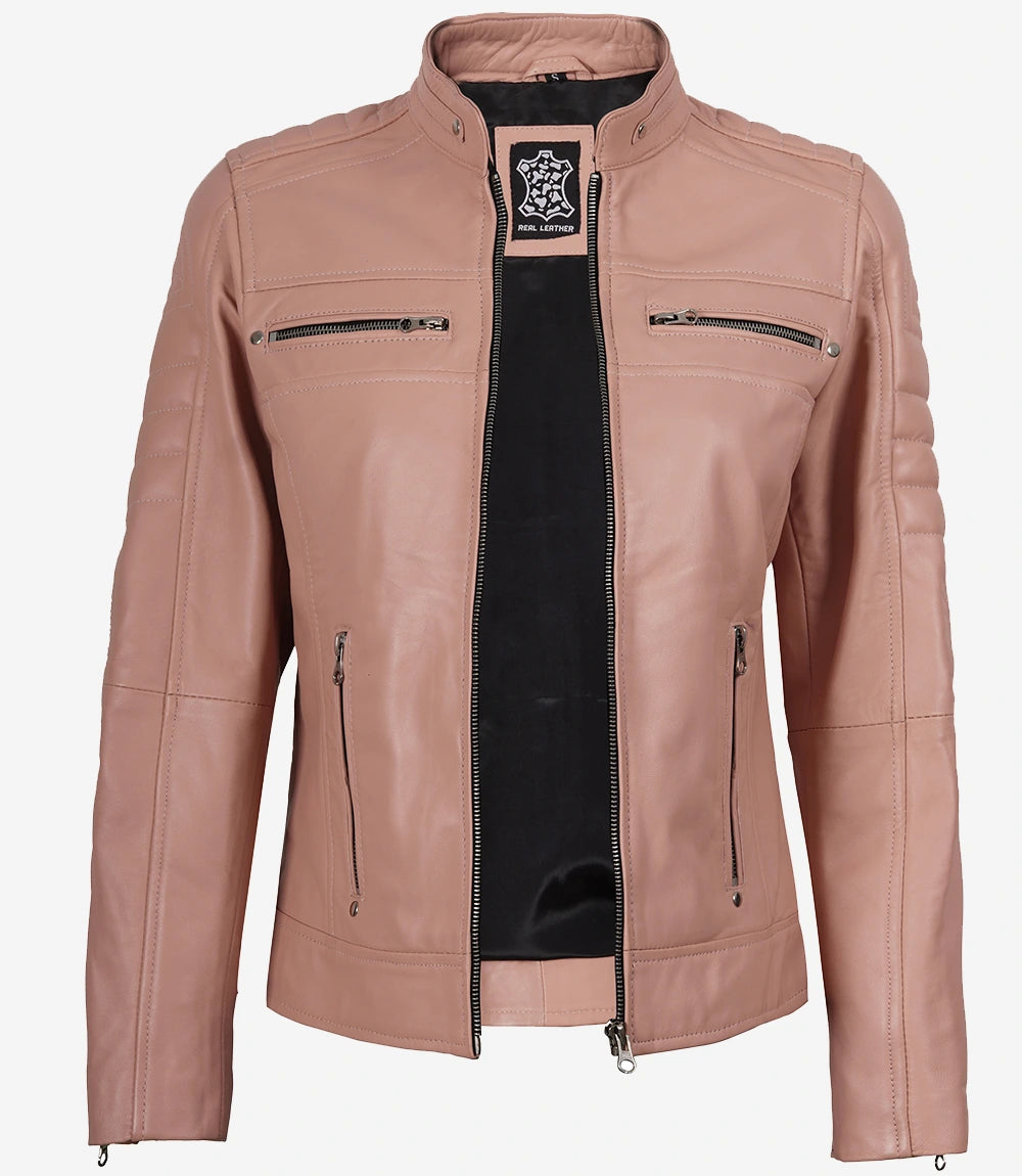 Womens Real Leather Pink Biker Jacket