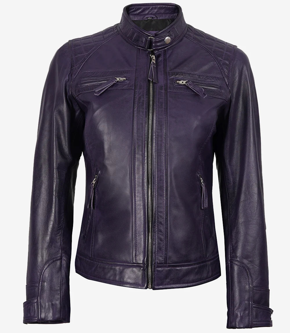 Womens Purple Real Leather Motorcycle Jacket