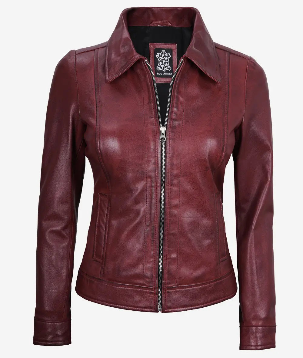 Womens Shirt Collar Maroon Leather Jacket