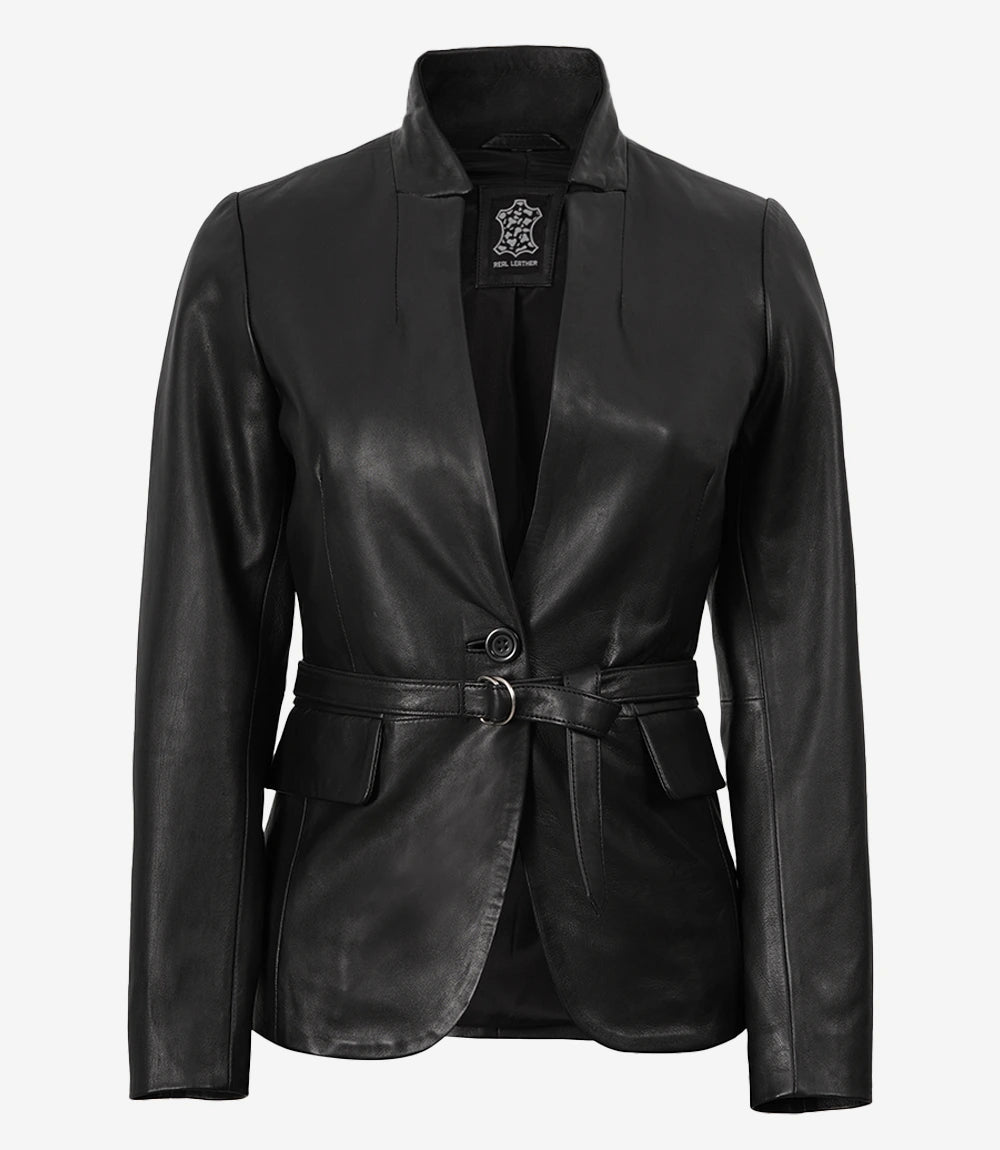 Women's Single Button Black Belted Leather Blazer - Black - view 2