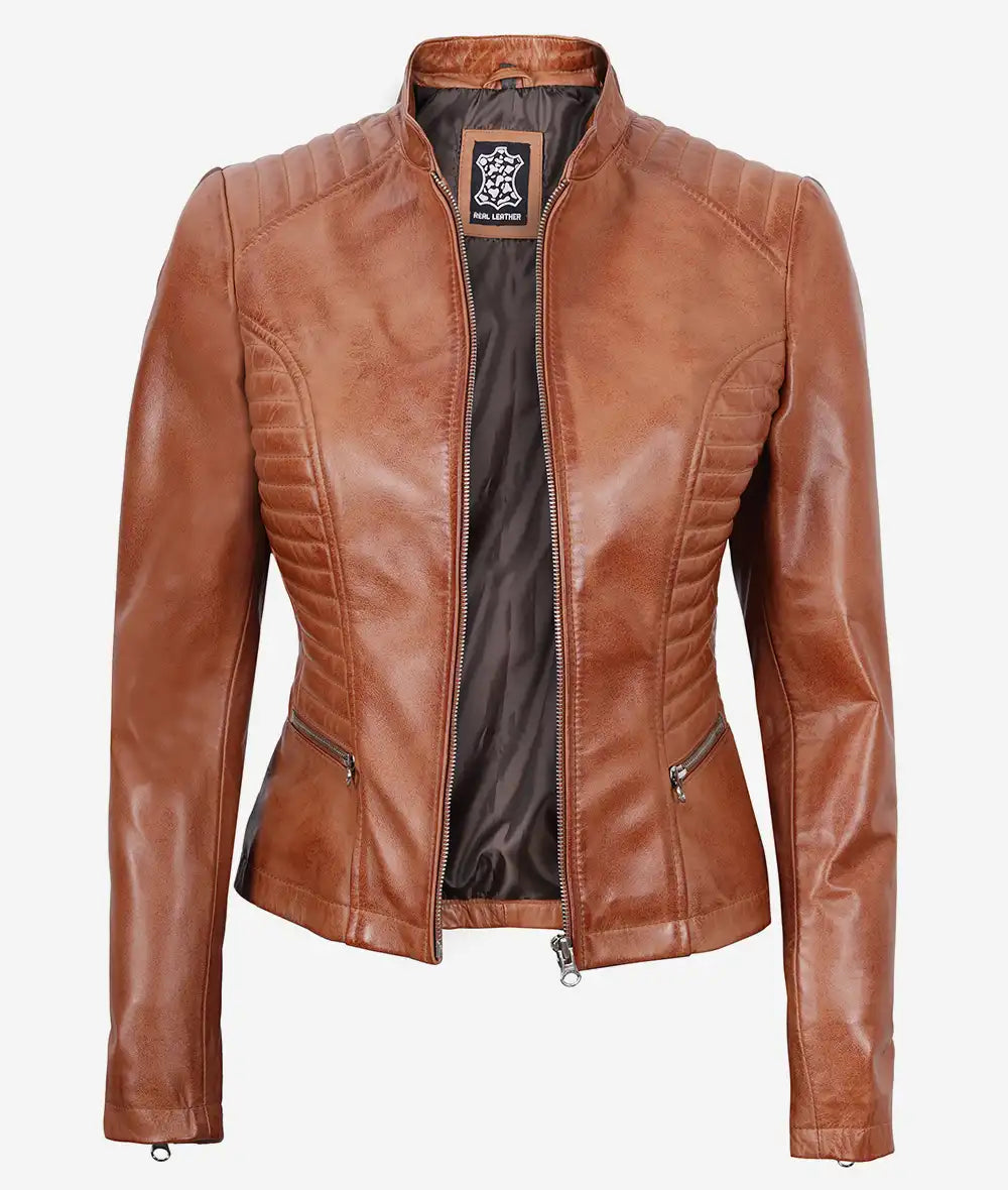Womens Petite Biker Fitted Tan Leather Jacket
