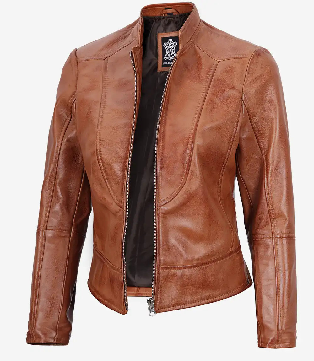 Womens Tall Biker Tan Leather Jacket