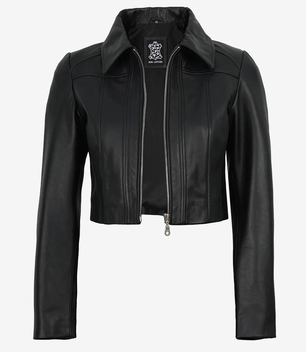 Marsha Women's Cropped Black Leather Jacket with Shirt Collar